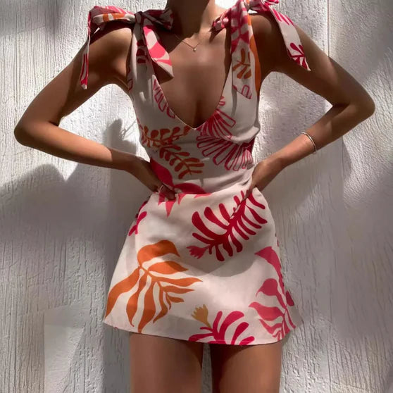Tropical Print Tie Mini Dress